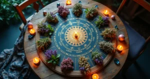 Ervas associadas aos signos do zodíaco dispostas em círculo ao redor de um mapa astral