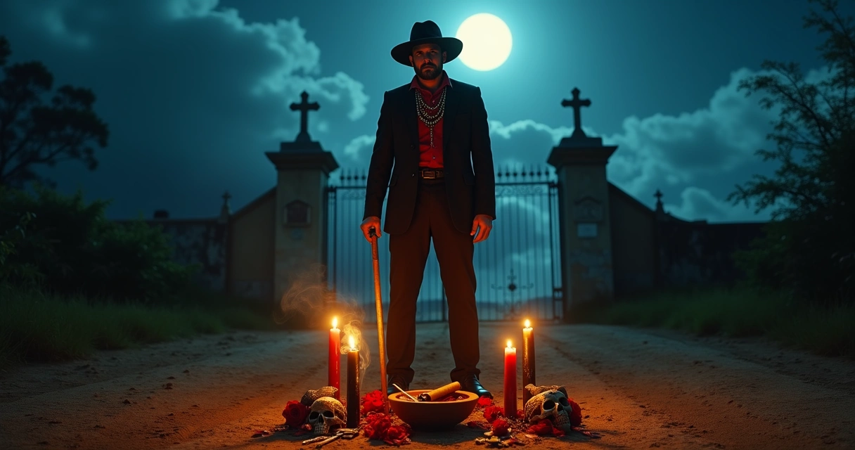 Exú Tata Caveira em encruzilhada com velas e caveiras espirituais