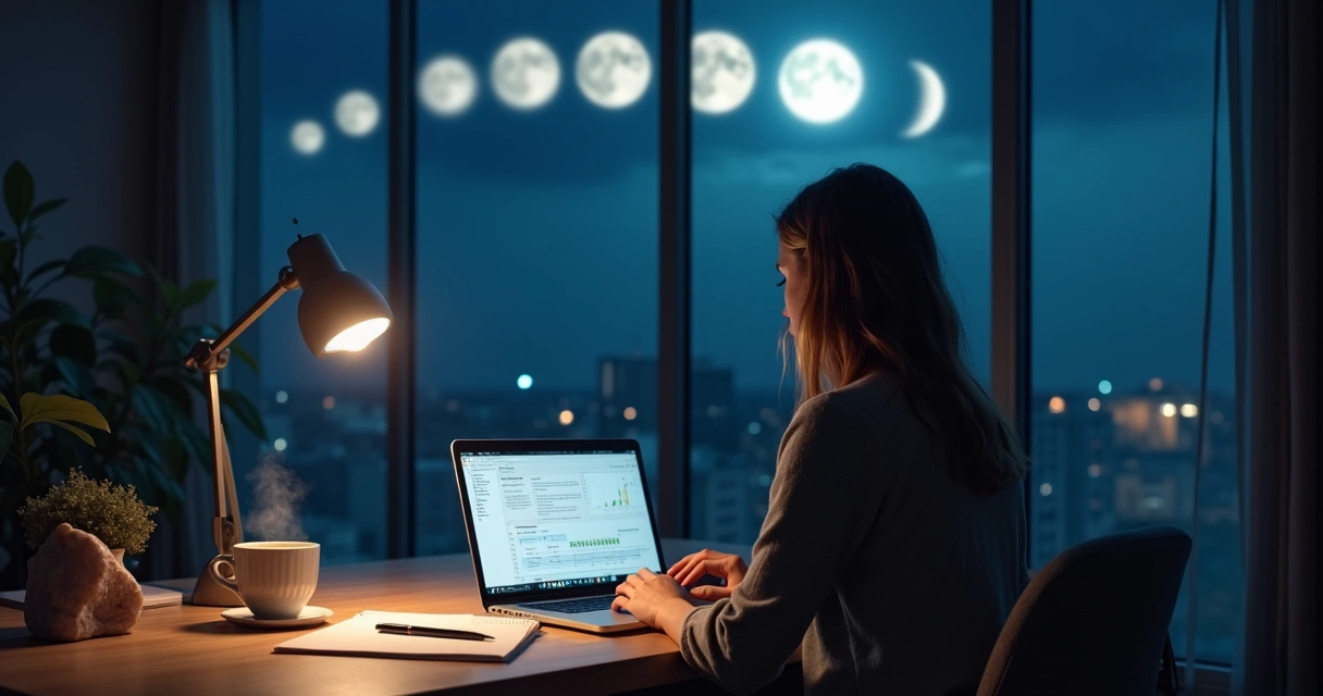 Mulher analisando carreira em frente ao laptop com fases da lua ao fundo
