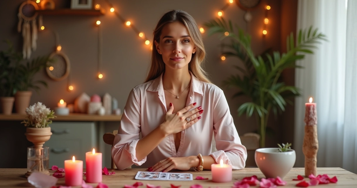 Mulher confiante em ritual amoroso com velas e rosas sobre a mesa