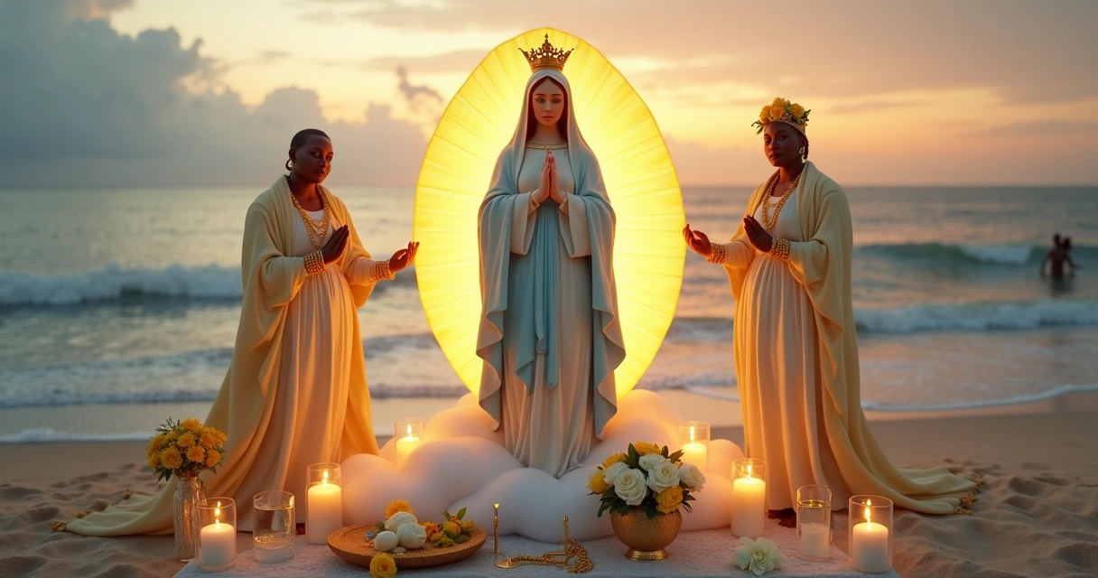 Imagem de Nossa Senhora da Conceição e Oxum em sincretismo na Umbanda diante do mar