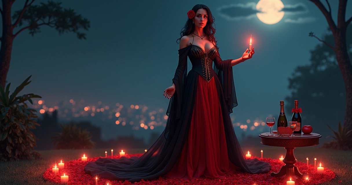 Pomba Gira Dama da Noite em ritual de amor com rosas vermelhas e velas acesas