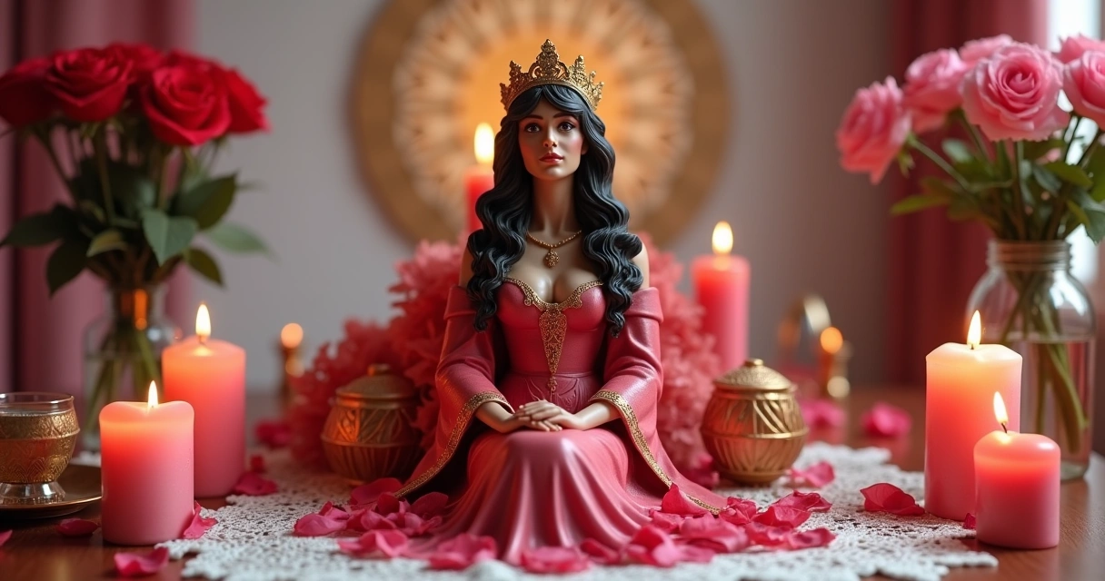Representação de Pomba Gira Menina em altar com velas rosas e flores