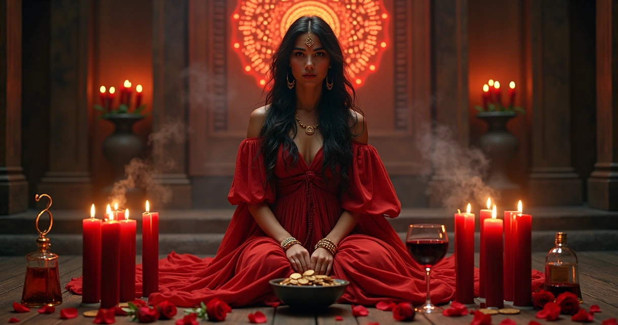 Representação de Pomba Gira Sete Saias em altar com velas vermelhas e rosas