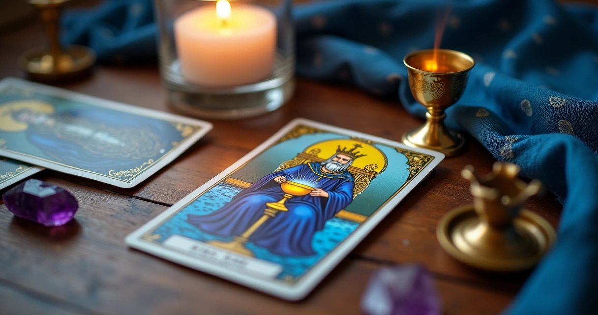 Carta do Rei de Copas do Tarot sobre uma mesa com elementos místicos ao redor