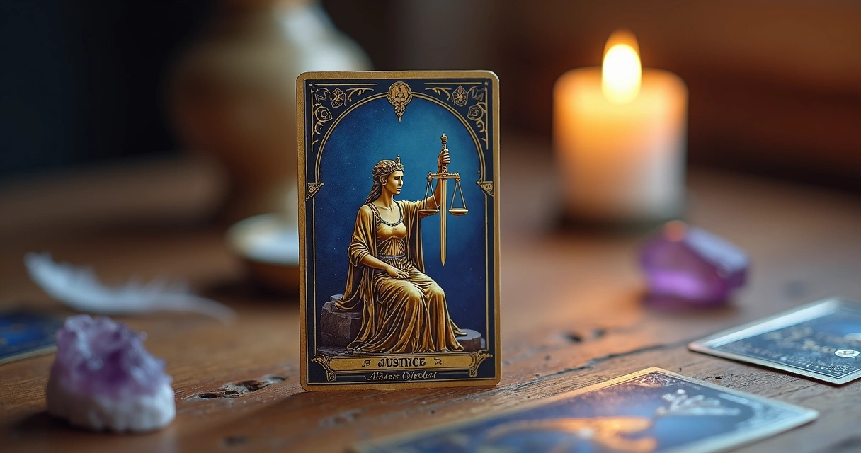 Carta de Tarot da Justiça com balança e espada em ambiente místico