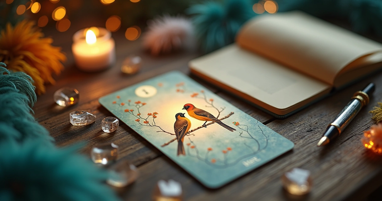 Carta Os Pássaros do Baralho Cigano sobre mesa com penas e cristais