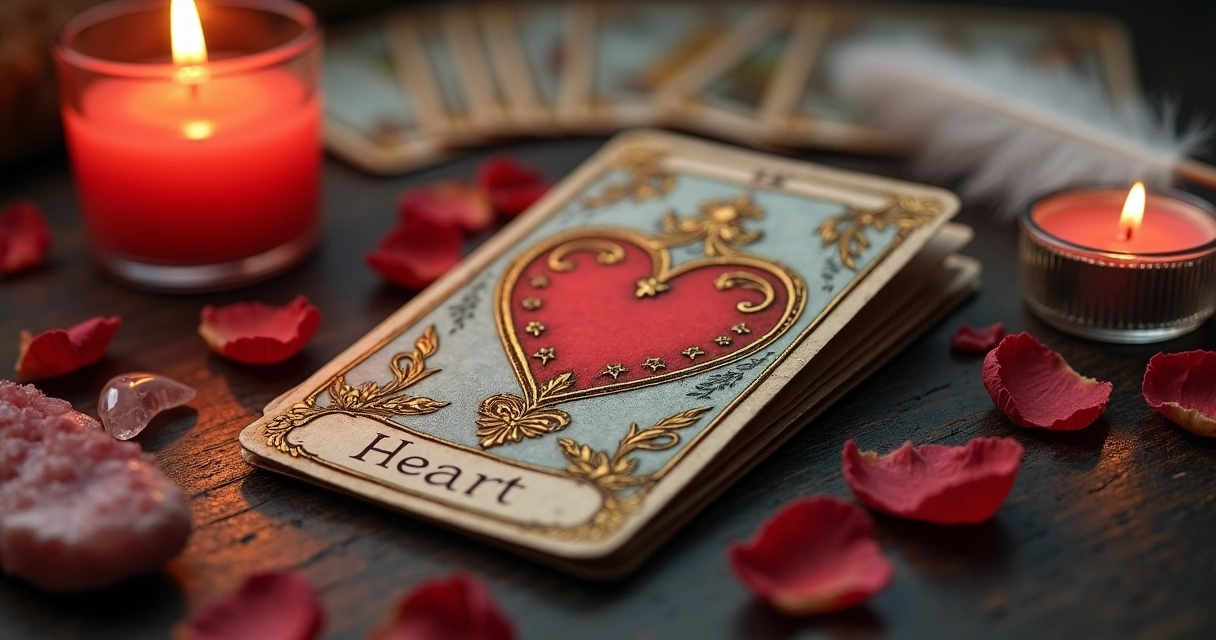 Carta do Coração do baralho cigano sobre a mesa com elementos ligados ao amor e à espiritualidade