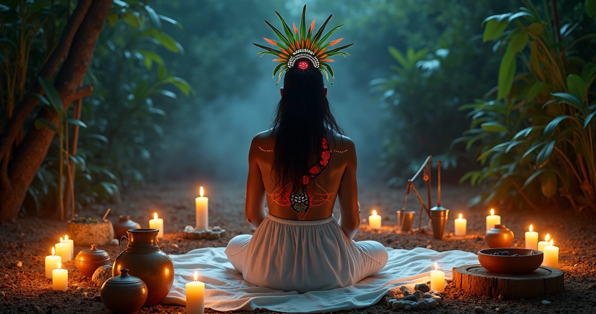 Caboclo Cobra Coral em ritual de Umbanda com elementos de cura e natureza