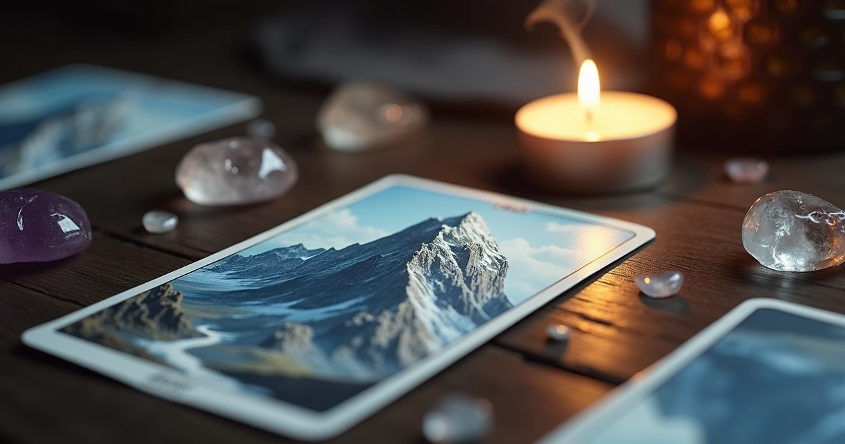 Carta 21 A Montanha do Baralho Cigano sobre mesa com pedras e vela acesa