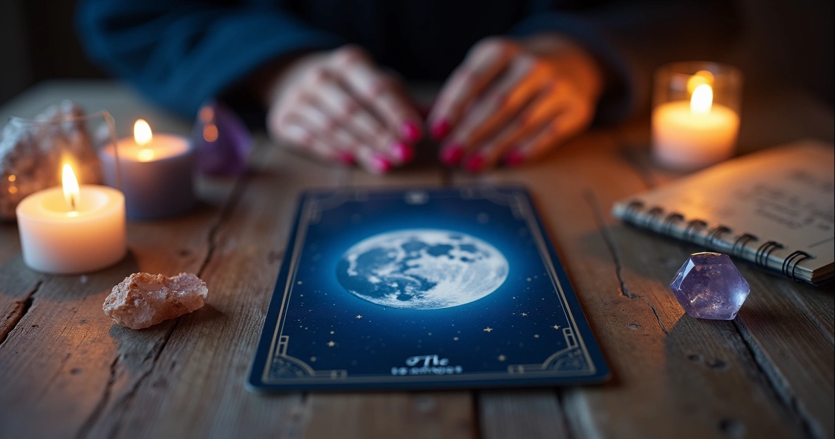 Carta A Lua do Baralho Cigano sobre mesa com velas e cristais