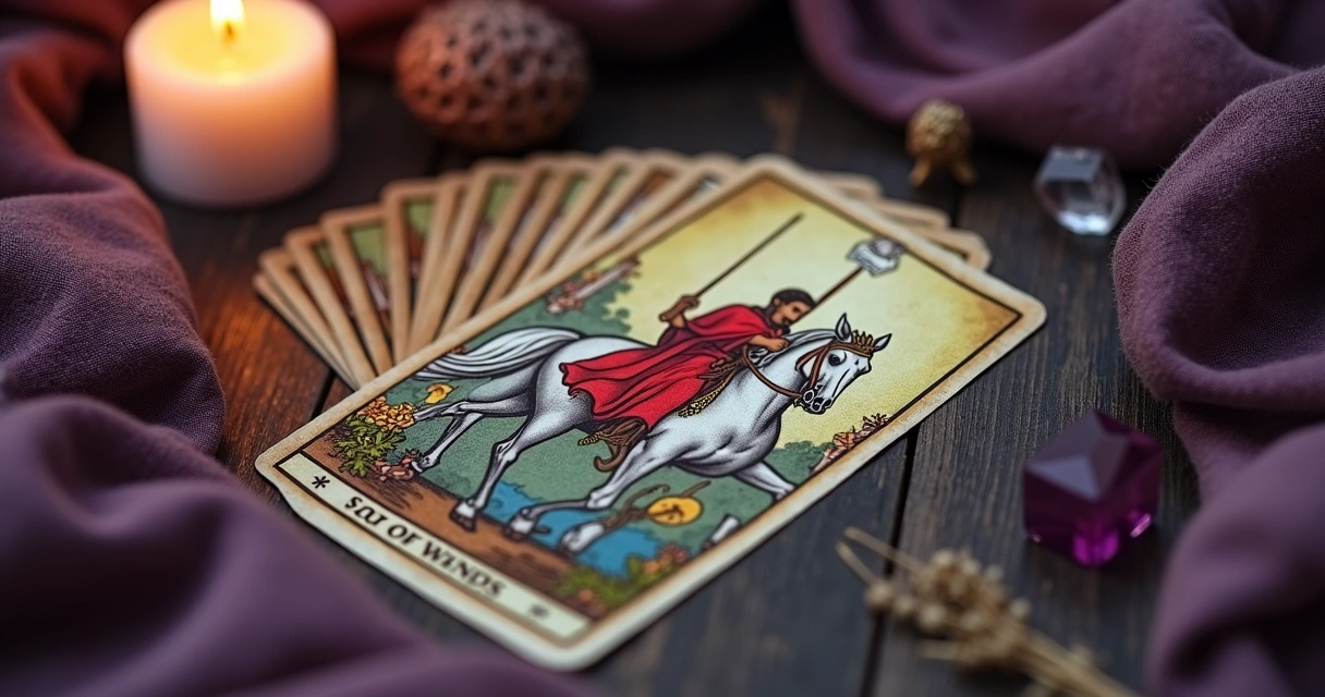 Carta 6 de Paus de tarot com cavaleiro vitorioso erguendo um bastão coroado de louros