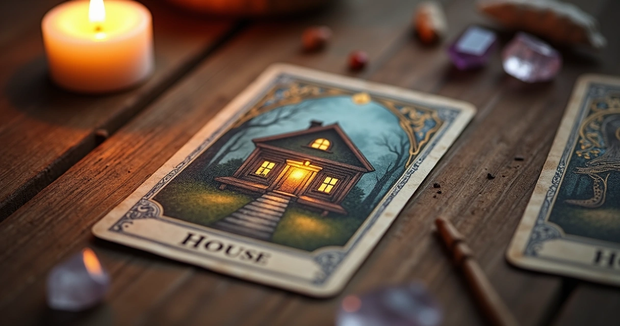 Carta A Casa do baralho cigano sobre mesa com cristais e vela acesa