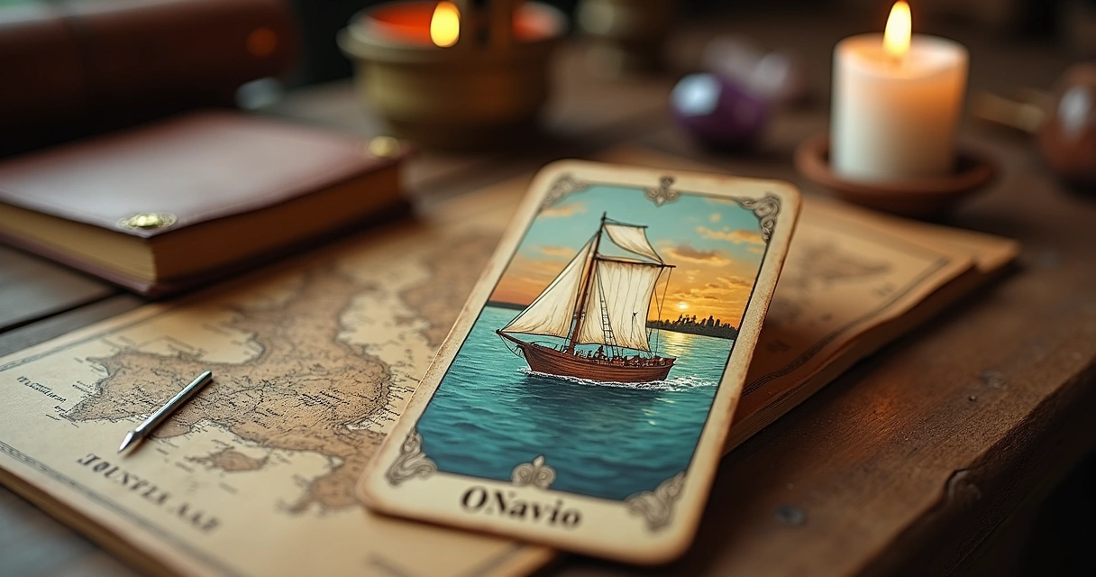 Carta O Navio do Baralho Cigano sobre mesa com mapa e bússola
