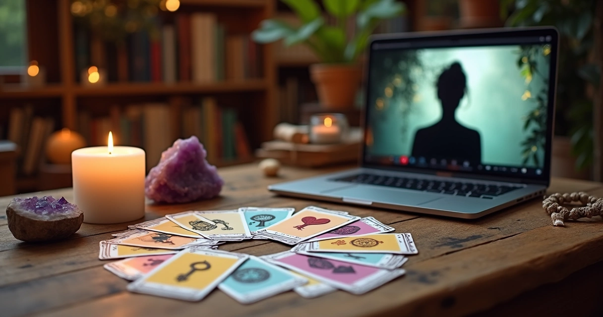 Mesa com baralho cigano, vela acesa e notebook aberto em consulta online