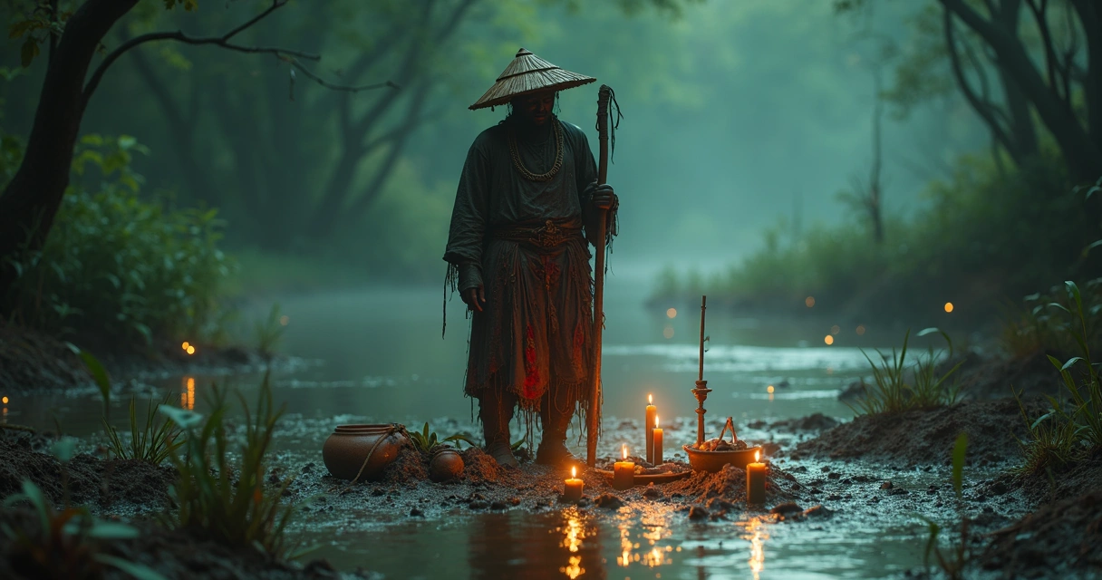 Exu do Lodo em ritual de proteção e cura em um pântano sagrado