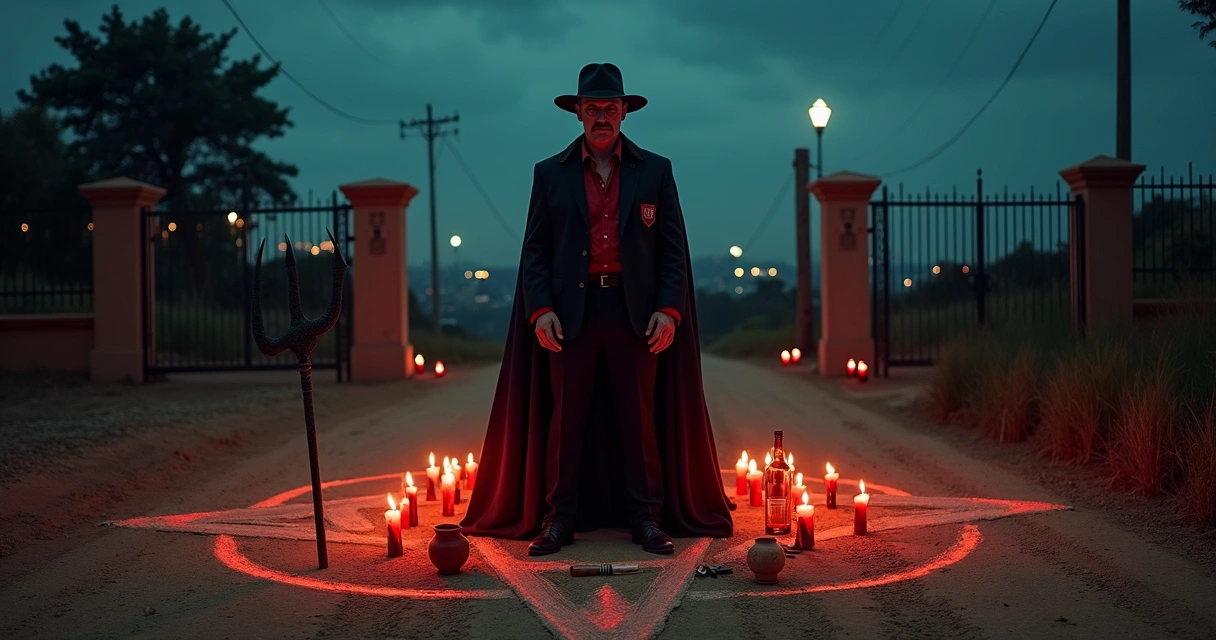 Exu Tranca Rua em uma encruzilhada espiritual com velas vermelhas e pretas