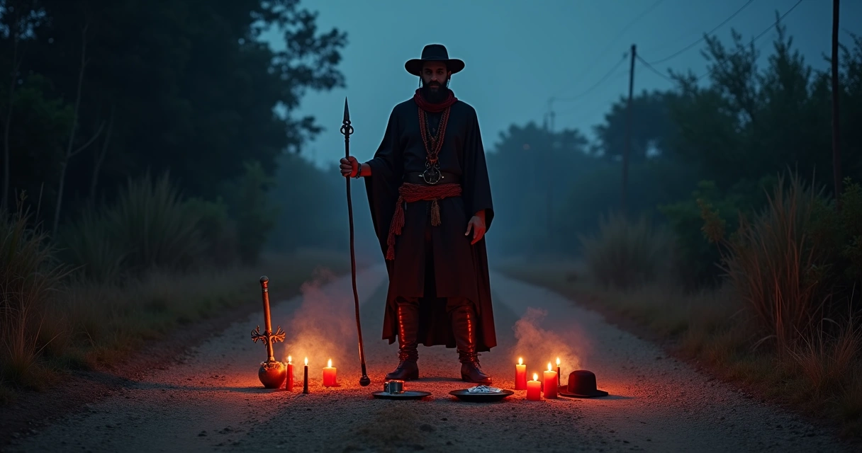 Exu Tranca Rua em encruzilhada com velas vermelhas e pretas em ritual de proteção