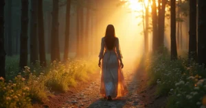 Mulher caminhando em trilha iluminada entre luz e sombra simbolizando o karma e o caminho espiritual