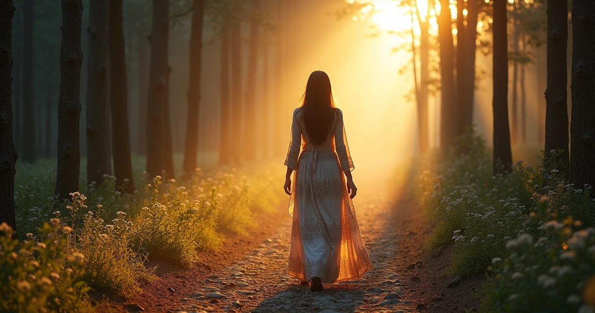 Mulher caminhando em trilha iluminada entre luz e sombra simbolizando o karma e o caminho espiritual