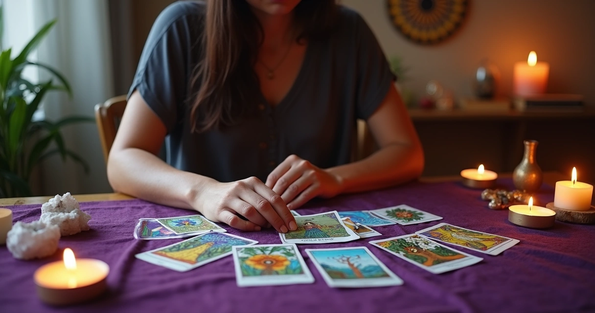 Mulher consultando cartas de tarot sobre mesa iluminada com clima espiritual e tranquilo
