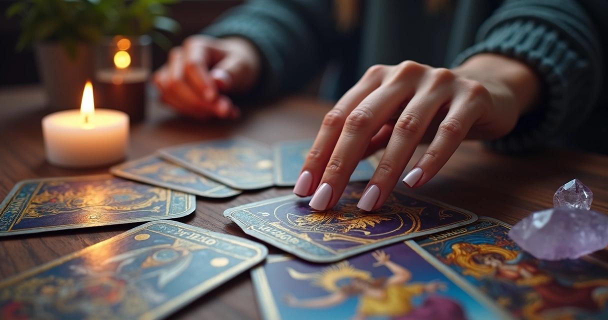Cartas de tarot em tiragem sim ou não sobre a mesa com mão feminina escolhendo uma carta