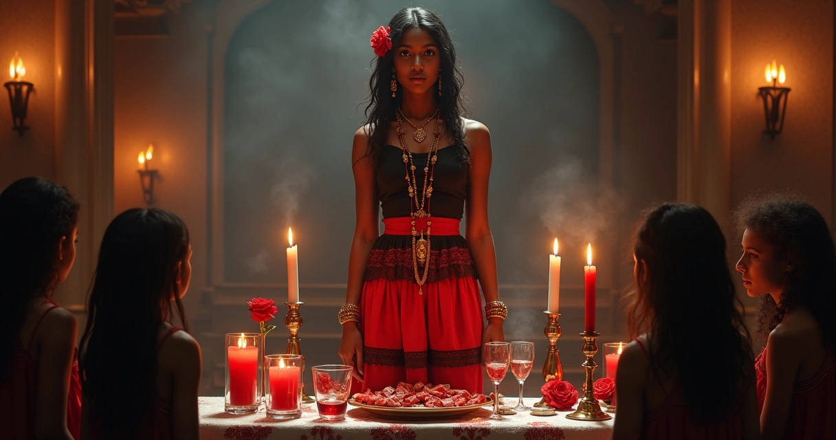 Ilustração de Pomba Gira Menina em altar de umbanda com velas vermelhas e crianças protegidas ao redor