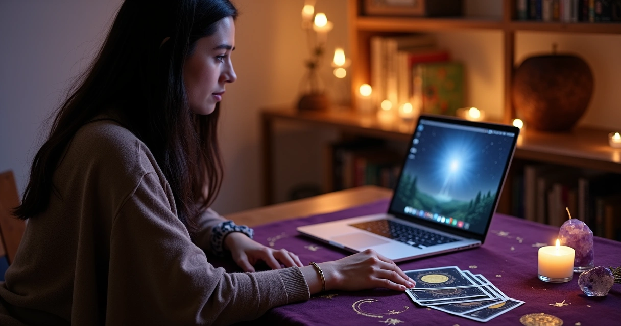 Mesa de tarô com cartas, velas e mulher consultando tarologia online no notebook