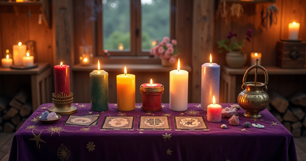 Altar com velas coloridas acesas em ritual espiritual cigano