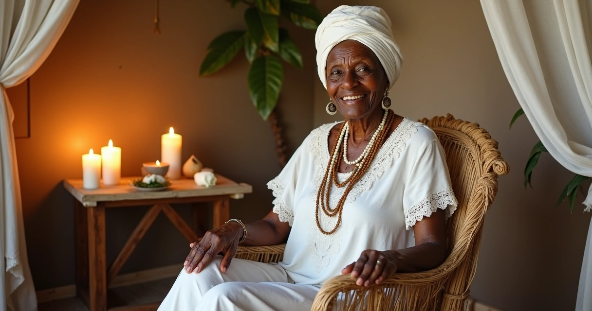 Vovó Maria Conga sentada em cadeira de palha em terreiro de Umbanda com vela branca e guia no pescoço