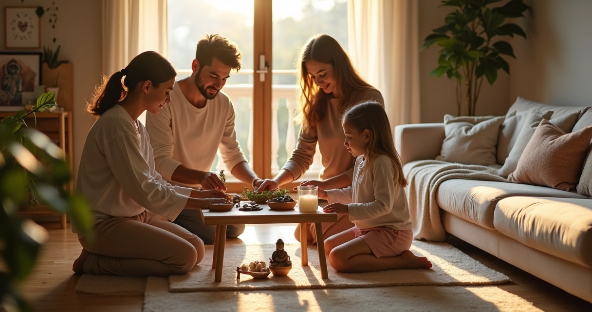 Família reunida montando altar coletivo colorido na sala de estar.