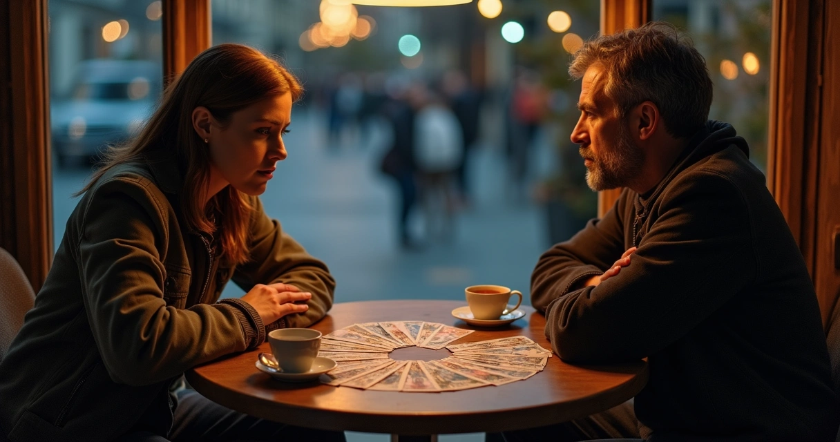 Duas pessoas sentadas em lados opostos de mesa com baralho cigano entre elas