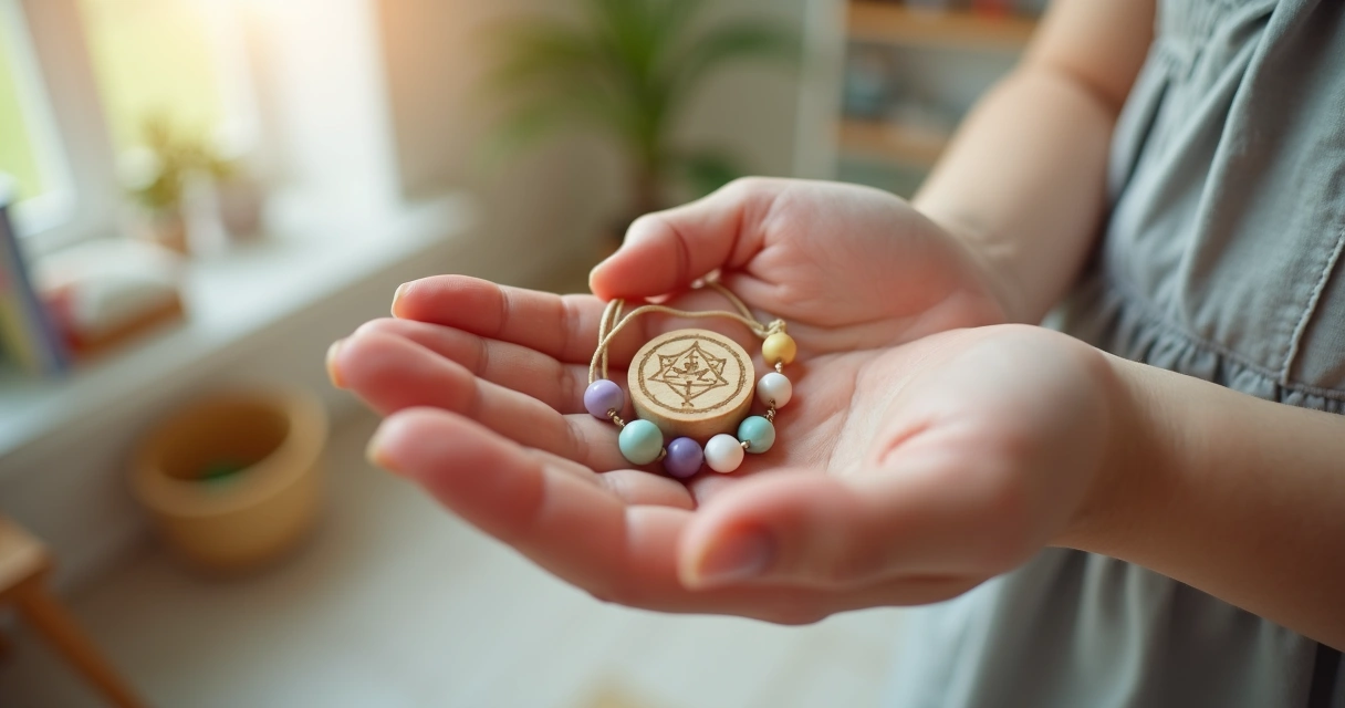 Mãos adultas oferecendo colar de proteção colorido para criança