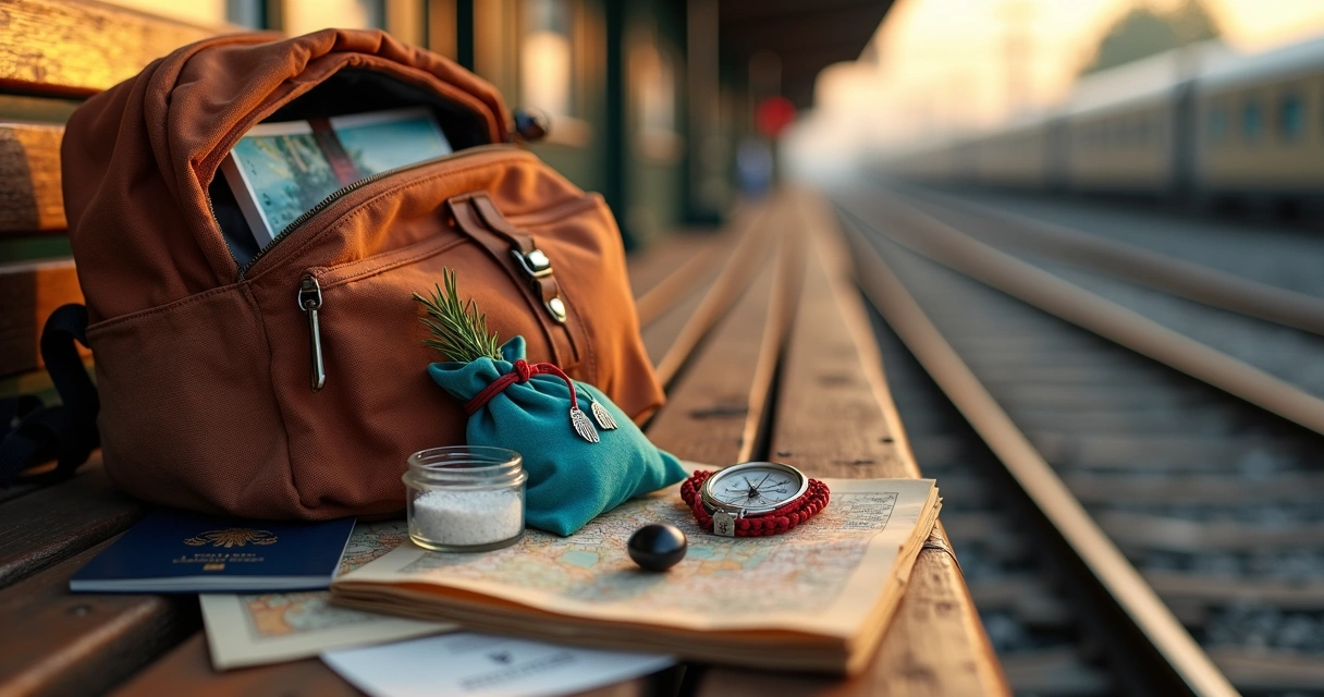 Mochila aberta com amuletos espirituais preparados para viagem sozinha
