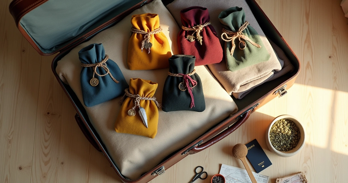 Amuletos de viagem feitos com tecido e ervas organizados em mala aberta
