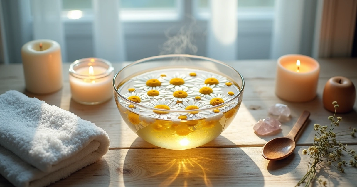 Banho de camomila em tigela com vela acesa e cristais em ambiente suave