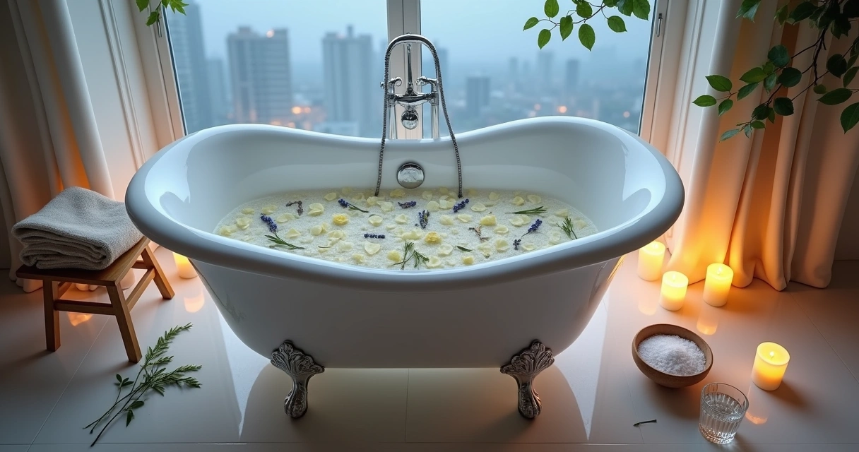 Banheira com ervas e velas representando banho de despedida e fechamento de ciclos