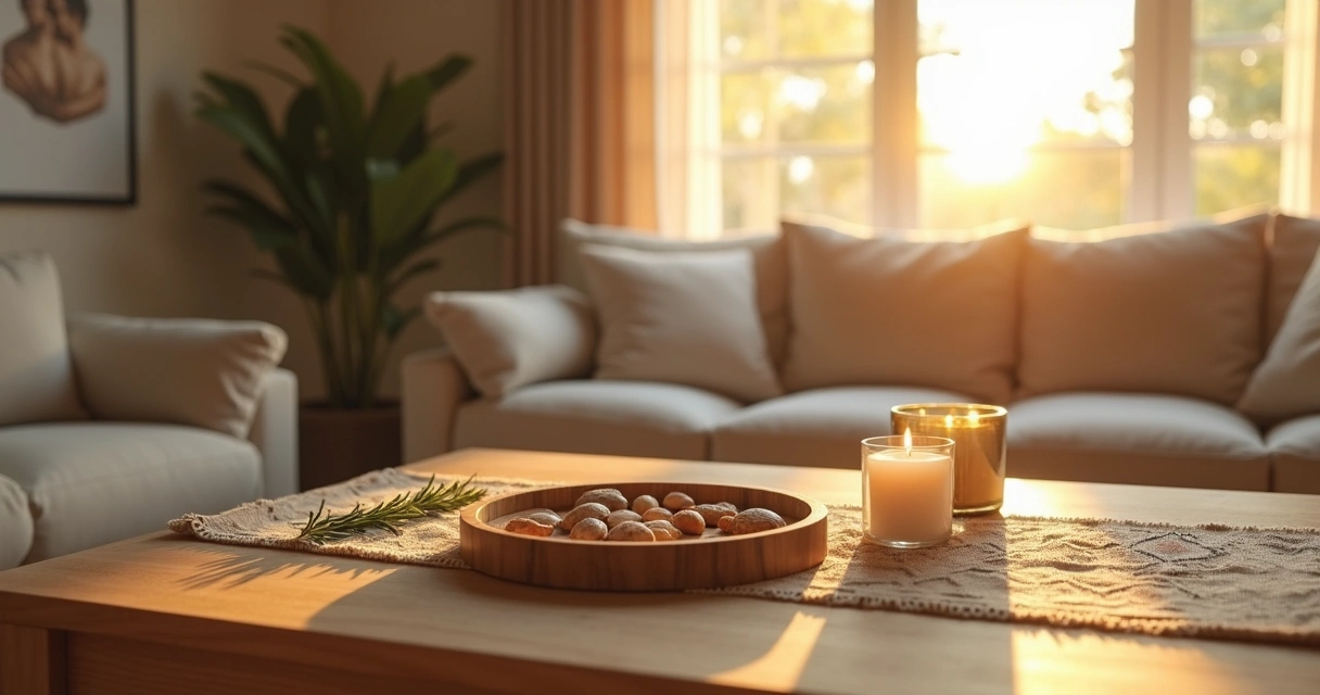 Búzios sobre toalha clara em sala com símbolo sutil de união familiar ao fundo