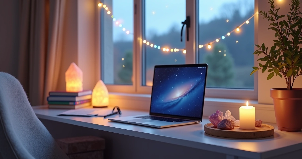 Cantinho de estudos com velas e cristais ao lado do notebook