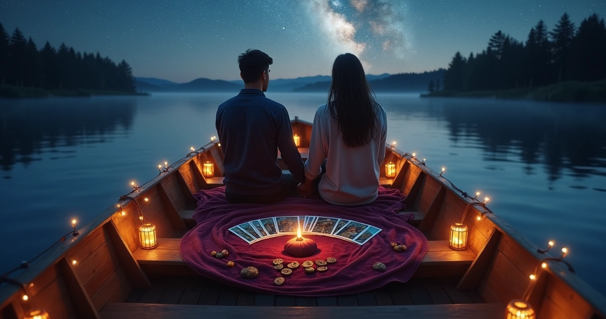 Casal de costas em barco pequeno cercado por cartas e símbolos de oráculos sob céu estrelado