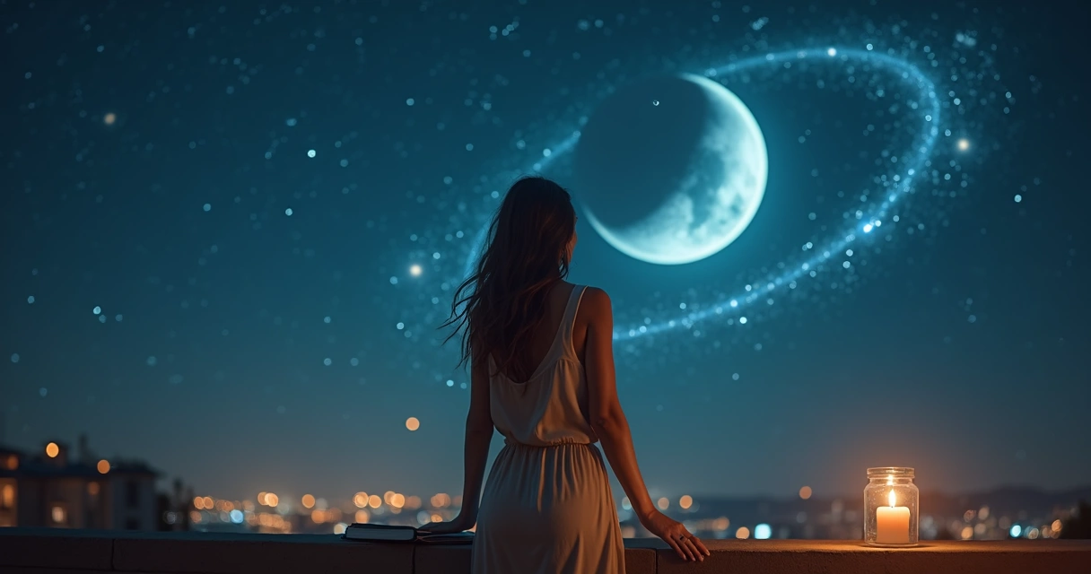 Mulher observa o céu estrelado com trilha luminosa representando Mercúrio retrógrado