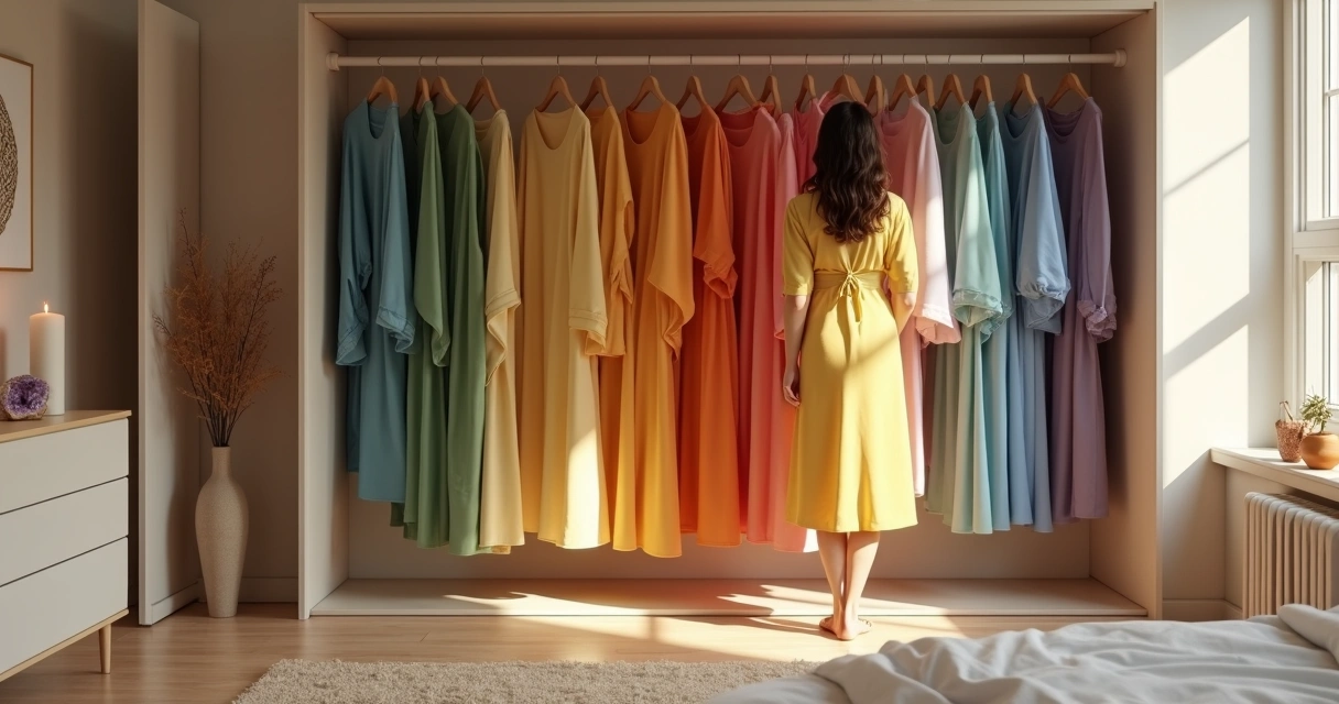 Mulher escolhe roupas coloridas em closet organizado com aura espiritual suave