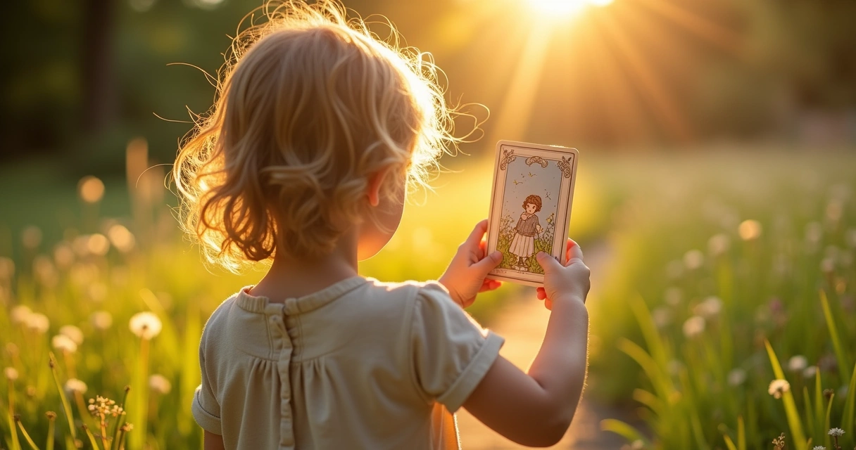 Criança segurando carta do baralho cigano em jardim ensolarado