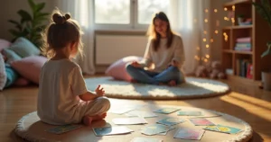 Criança pequena explora cartas de tarot infantis com ilustrações coloridas em ambiente seguro e acolhedor