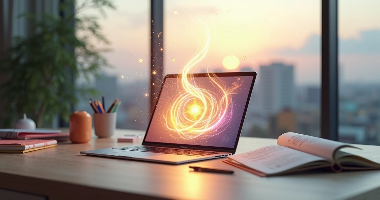 Mesa de trabalho moderna com símbolos esotéricos fluindo em cores vibrantes