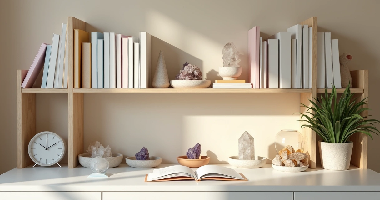 Prateleira de estudos bem organizada com livros, cristais e fichários coloridos
