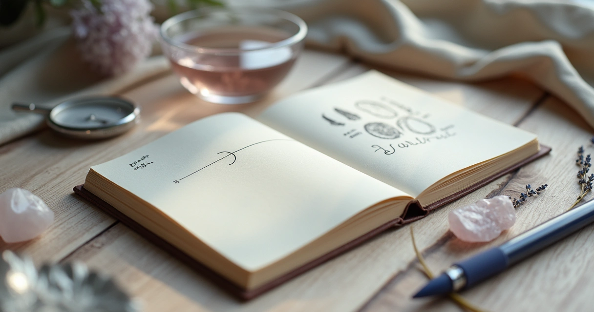 Diário lunar aberto sobre mesa com lua desenhada e elementos naturais ao redor