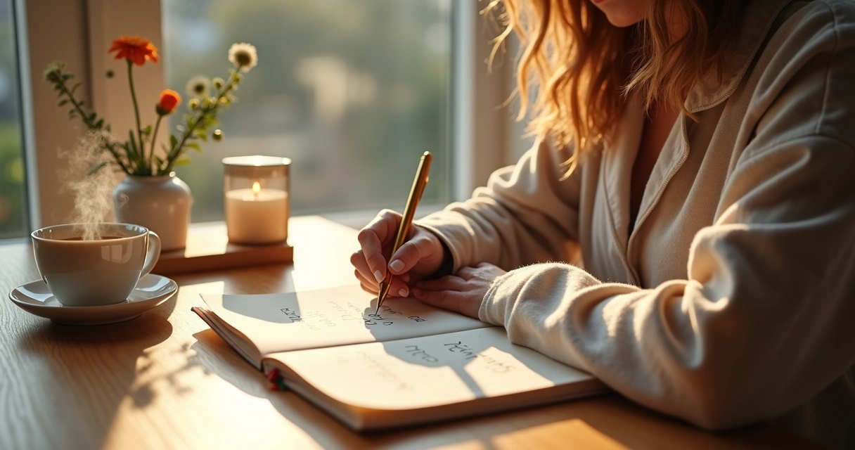 Mulher escreve afirmações positivas em diário matinal perto de janela iluminada