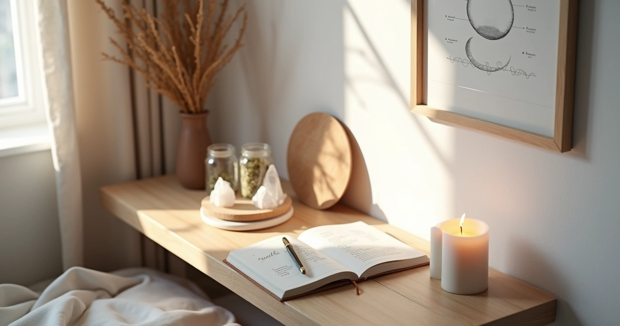 Altar lunar minimalista com cristais e caderno ritualístico em mesa de madeira