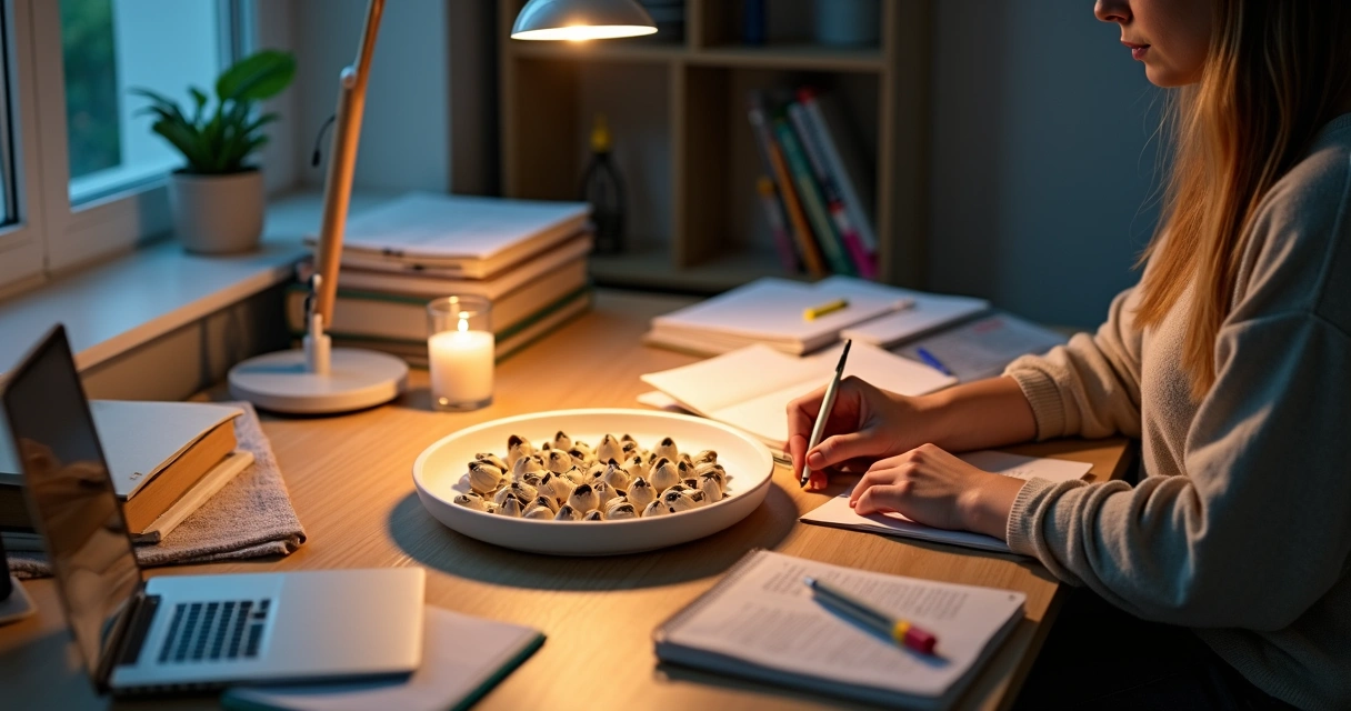 Estudiante usando búzios sobre mesa com livros e cadernos